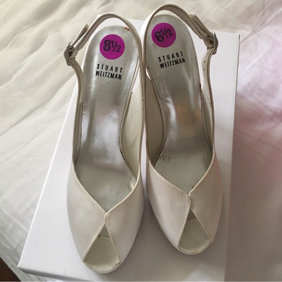 White Satin Stewart Weitzman Open Toe Heels 8.5 - Picture 3 of 15